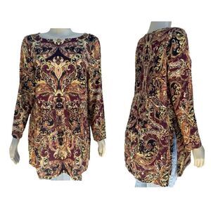 J Jill Womens Paisley Tunic Top Medium Petite Brown Multicolor Pullover Boho